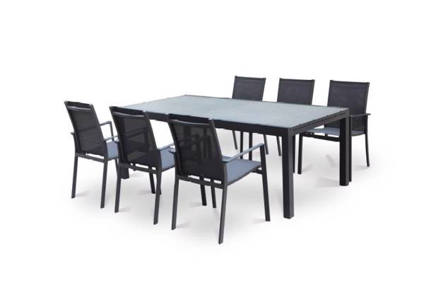 Flava, uttrekkbart bord og 6 stoler