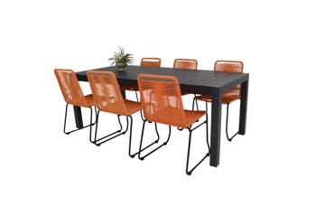 Uttrekkbart bord, 200/275x100cm, sort og 6 Limosa stoler, orange